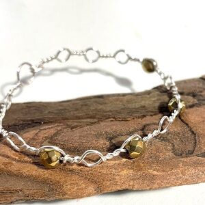 Handcrafted Silver Plated and Gold Tone Beaded Bangle Bracelet